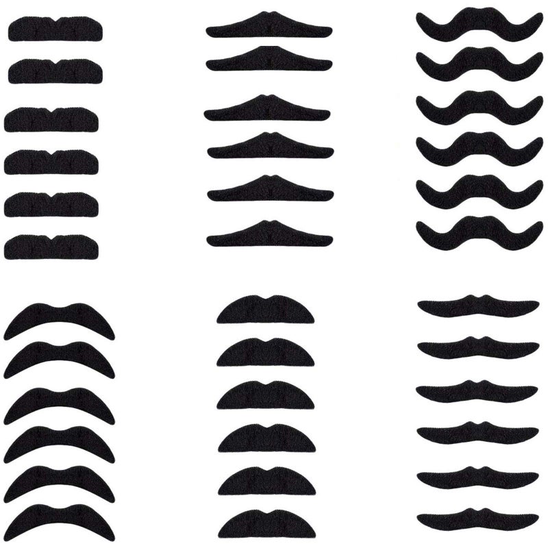 BoBofly 36 Pieces Fake Mustaches Beard, Self Adhesive Costume Accessories Novelty Mustache Fiesta Party Supplies for Masquerade Party (Black) - Image 1